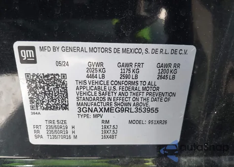 2024 Chevrolet Equinox Fwd Rs z USA, uszkodzony, nr VIN 3GNAXMEG9RL353955